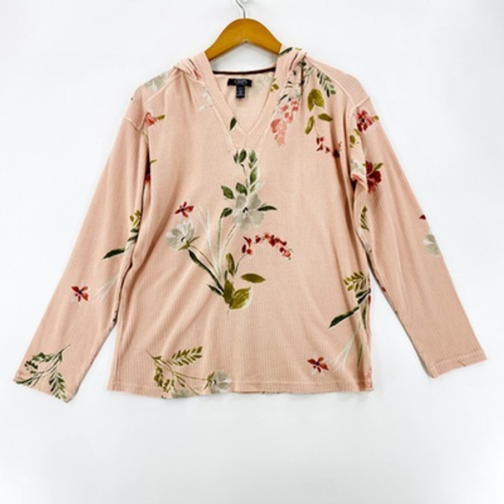 Chaps Women's Hoodie Top Size Small Pink Floral Print Long Sleeve